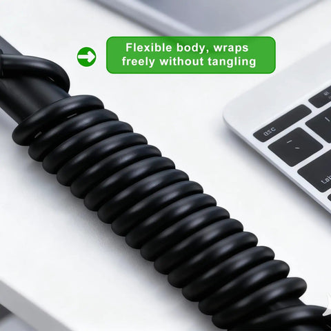 Heavy Duty Waterproof Extension Cord With A Badass 100 Ft Black Flat Cable coiled, showcasing flexibility and tangle-free design.