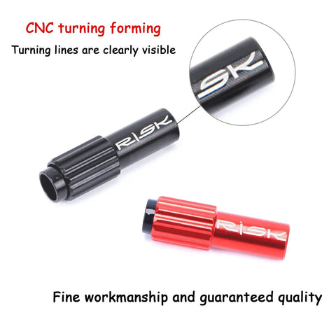 Red Aluminum CNC Bike Cable Adjusters Set For On The Fly Derailleur And Brake Tuning Ride Ready Lightweight 50mm Housing Caps 4mm Capped Housing Fits Mountain Road And Folding Bikes 2 Pack shown in red and black with visible CNC turning lines
