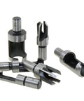 Eight Piece Wood Plug Cutter Drill Bit Set Forged From Tough Carbon Steel showing various sizes and shapes for countersink holes.