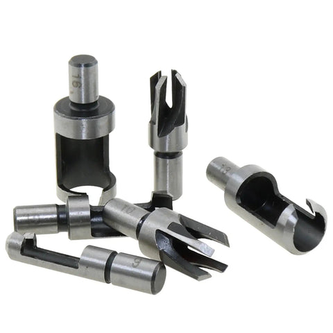 Eight Piece Wood Plug Cutter Drill Bit Set Forged From Tough Carbon Steel showing various sizes and shapes for countersink holes.