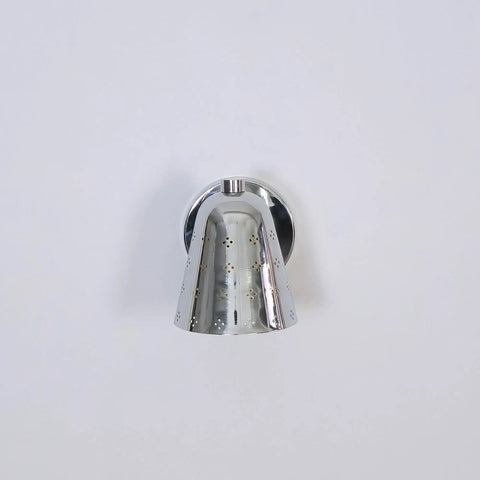 Silver Brass Wall Sconce, Mid Century Cone Lamp, Perforated Spotlight with a polished metallic cone shade displaying intricate perforations.