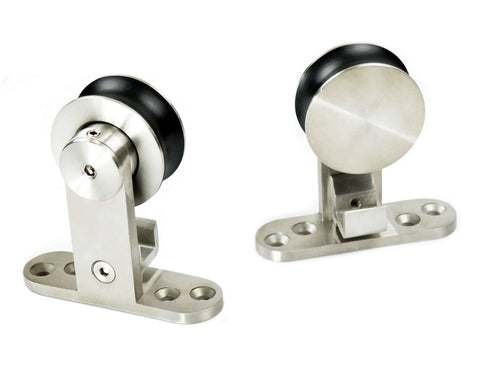 10 Foot Brushed Stainless Steel Double Sliding Barn Door Hardware Kit With Soft Close Top Mount Rollers shown close-up