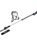 Pro Grade Tough As Nails Brushless Cordless Hedge Trimmer Powered By Dual 18 Volt Battery Packs with shoulder harness and cutting bar.
