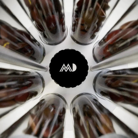 Top view of Eight Single Dose Espresso Bean Storage Tubes With Rotating Display Rack And Precision Funnel Set, showcasing glass tubes.