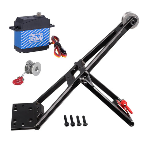 Rugged One Tenth Scale RC Crawler Tow Truck Build Kit Upgrades With Dual Bracket Crane Arm Wrecker Kit And Servo For SCX10 TRX4 Capra LCG Chassis And Trailer DIY Tow Rescue Gear showing crane arm and servo components