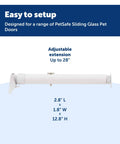 Sliding Glass Pet Door Security Bar Lock No Fuss Easy Install Adjustable Up To 28 Inches Fits Sliding Glass Doors Up To 72 Inches Wide Compatible With Most Pet Doors displayed with dimensions and installation ease.