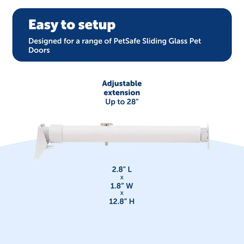 Sliding Glass Pet Door Security Bar Lock No Fuss Easy Install Adjustable Up To 28 Inches Fits Sliding Glass Doors Up To 72 Inches Wide Compatible With Most Pet Doors displayed with dimensions and installation ease.