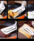 Multifunction 11 Inch Premium Stainless Steel Tongs 3 In 1 Gripper Flip And Scraper used to flip tofu, fish, and eggs in pan