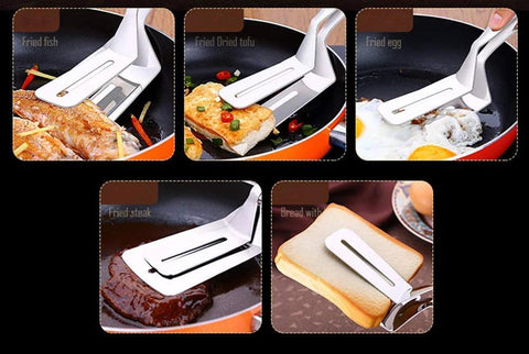 Multifunction 11 Inch Premium Stainless Steel Tongs 3 In 1 Gripper Flip And Scraper used to flip tofu, fish, and eggs in pan