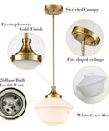 Modern Gold Schoolhouse Pendant Light With White Glass Shade, e26 base, swiveled canopy, brass gold finish