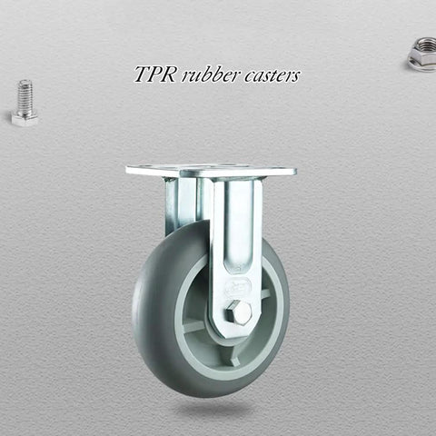 Heavy Duty Casters 4 Pack With Reliable Brakes Roll Like Butter Swivel And Fixed Wheels Quiet TPR Rubber For Garage Workbench Or Furniture Effortless Mobility, TPR rubber wheel detail with steel bracket.