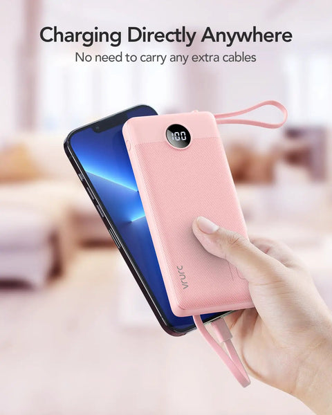 10000mAh Slim Portable Charger, Built In Four Power Bank Cables, Straight Up Travel Essential To Keep Yo Phone Lit Without Any Cord Drama, Ready For Commute, pink portable charger charging a smartphone.