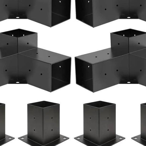 Tough As Nails 4Piece 3Way Corner Brackets Kit With Post Bases And Mounting Hardware, black heavy duty metal connectors.