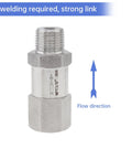 Front view of 304 stainless steel check valve, 3/8-in NPT male x female, with flow-direction arrow