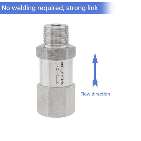 Front view of 304 stainless steel check valve, 3/8-in NPT male x female, with flow-direction arrow