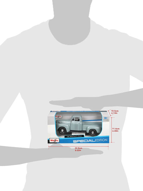 Vintage Ford 1948 F1 Pickup Diecast Model 1 25 Scale Gray Special Edition boxed, held by person showing dimensions.