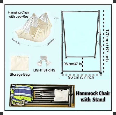 All-In-One Hammock Chair Set With Foldable Stand And XL Swing Chair With Footrest For Indoor Outdoor Chill, shown disassembled.