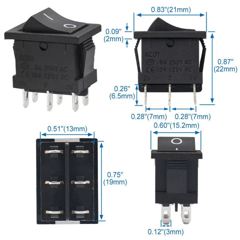 10 Pack DPDT Rocker Switch 6 Pin On On 2 Position Snap In Boat Rocker Switch For Electrical Projects AC 250V 6A And AC 125V 10A Dual Voltage Rating Black Durable Housing, 21x15x25mm