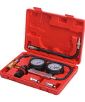 TU-21 cylinder leak-down tester kit in red case with twin gauges and hoses