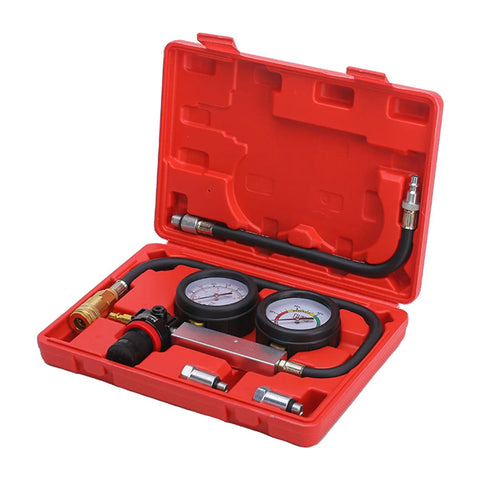 TU-21 cylinder leak-down tester kit in red case with twin gauges and hoses
