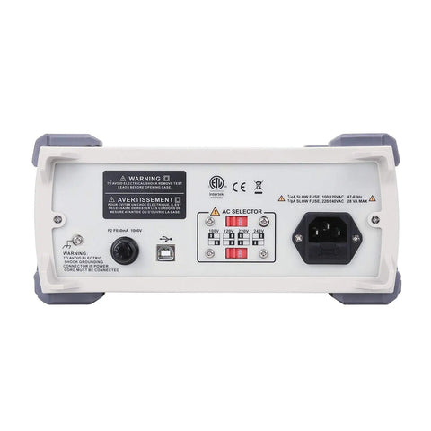 Back panel of Pro Grade Digital Multimeter With 199999 Count, power socket and warning labels visible