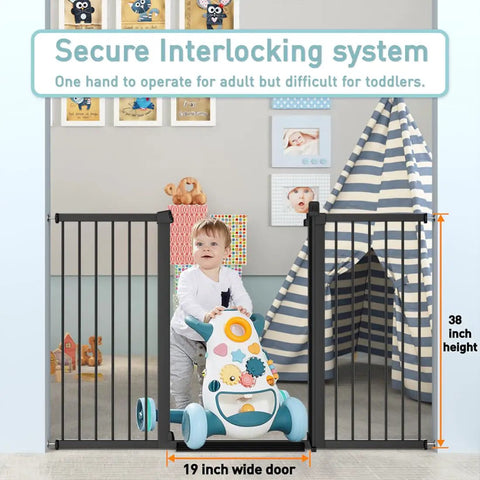 Extra Tall Baby Gate Stand 38 Inch Tall Walk Through Kid Safe Pet Gate for Doorways and Stairs, shown with toddler and toys.