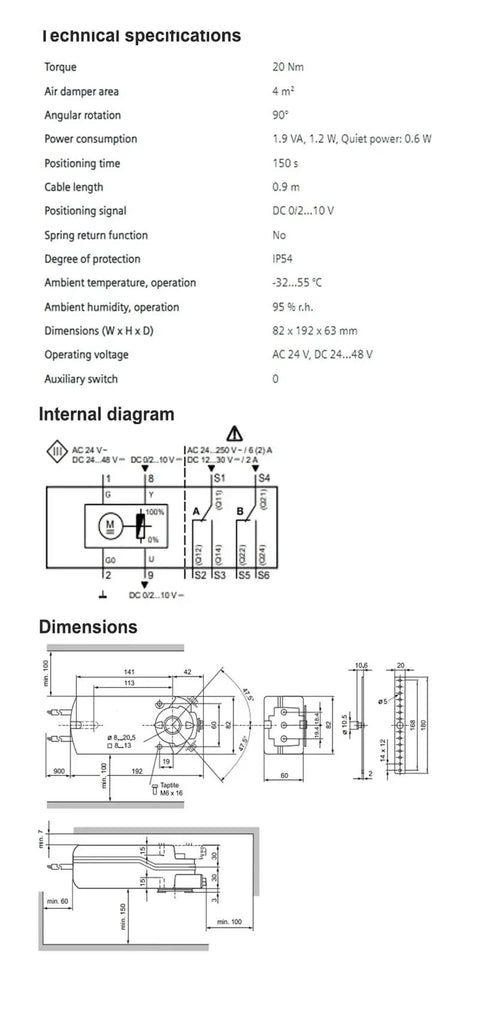 Hard Working Gear Actuator GEB1611E specifications for HVAC dampers, showing torque, dimensions, and internal diagram details.
