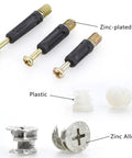 Components of Eccentric Wheel Nut 3 in 1 Furniture Connecting Kit, zinc-plated screws and plastic, zinc alloy connectors.
