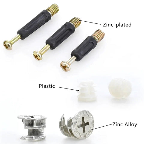 M6 Furniture Cam Lock Hardware Set 90 Pieces with zinc-plated and plastic components for durable cabinet assembly.