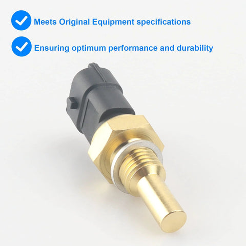 Coolant temperature sensor with brass threaded body and black plastic connector, angled view