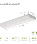 Under Cabinet LED Lighting 24 Inch 12W 822 Lumen Dimmable Hardwired Kitchen Light Fixture With Bullnose Design, product diagram