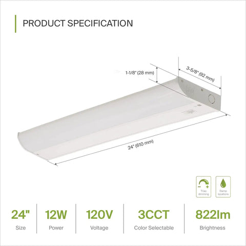 Under Cabinet LED Lighting 24 Inch 12W 822 Lumen Dimmable Hardwired Kitchen Light Fixture With Bullnose Design, product diagram
