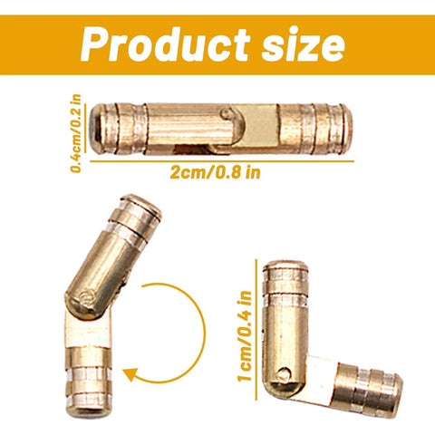 30 Pcs Brass Barrel Hidden Hinges for DIY Jewelry Boxes and Small Cabinets, showing size of 0.2 x 0.8 inch, and 180° swing