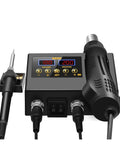 Dual LCD Display 2 In 1 Soldering Station With Hot Air Rework Gun For Cell Phone BGA SMD PCB IC Repair Solder Iron Tools Auto Cooling Low Noise Compact Design with digital temperature readouts and tools.