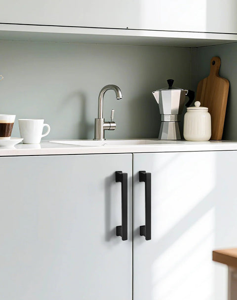 Modern kitchen with 5 Inch Matte Black Cabinet Handles Set Of 10 Heavy Duty Drawer Pulls For Cabinets And Dressers installed.