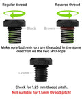 3 Pack Universal Motorcycle Mirror Hole Plugs M10 Thread Tough As Nails Aluminum Handlebar End Caps for Custom Biker Rides and Dope Custom Looks in Matte Black showing regular and reverse threads.
