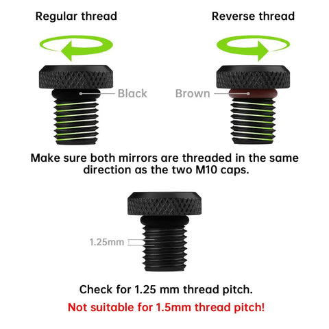 3 Pack Universal Motorcycle Mirror Hole Plugs M10 Thread Tough As Nails Aluminum Handlebar End Caps for Custom Biker Rides and Dope Custom Looks in Matte Black showing regular and reverse threads.