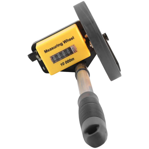 Close-up of Measuring Wheel with Foldable Telescopic Handle, 0-9999.9m Range showing digital counter and sturdy wheel design.