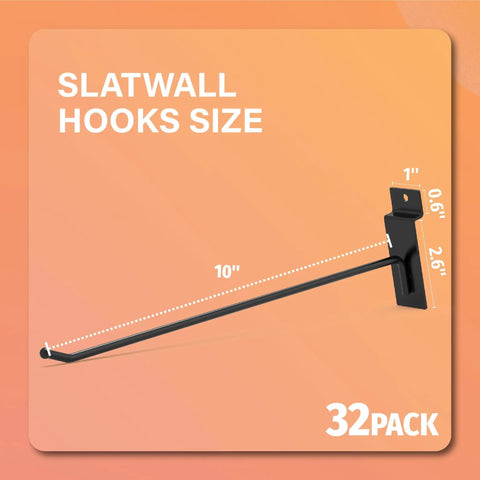 Heavy Duty 10 Inch Slatwall Hooks 32 Pack With 30 Lb Capacity For Garage Tools And Retail Displays Anti Rust Powder Coated Steel