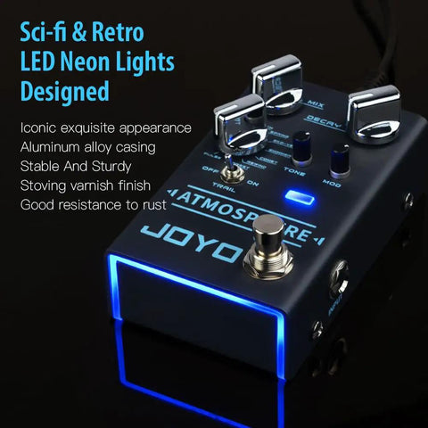 Digital Reverb Guitar Pedal With Nine Modes Including Spring Church Plate Shimmer And More MOD Control And Trail Bypass Atmosphere R14 in dark setting with neon blue lights.