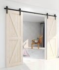5.5 Foot Sliding Barn Door Hardware Kit Heavy Duty Track For Double Wood Doors installed in modern living room