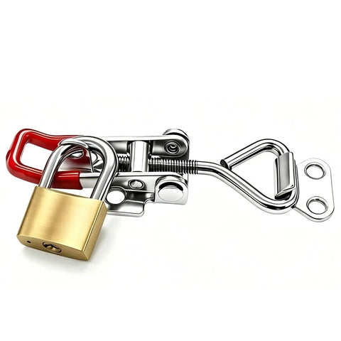 Dope YSIL Toggle Latch Clamps 4 Pack With Lockholes showing a stainless steel clamp with a brass lock for secure installation.