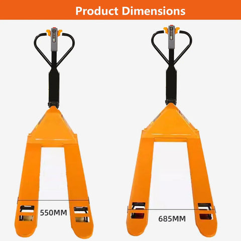 Heavy Duty Electric Pallet Jack Truck With 4400 Lbs Capacity showing product dimensions of 550mm and 685mm across the forks.