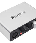 USB Audio Interface for Mac, PC, and iPad with XLR Mic Preamps, 48V Phantom Power, compact silver box with knobs and input ports
