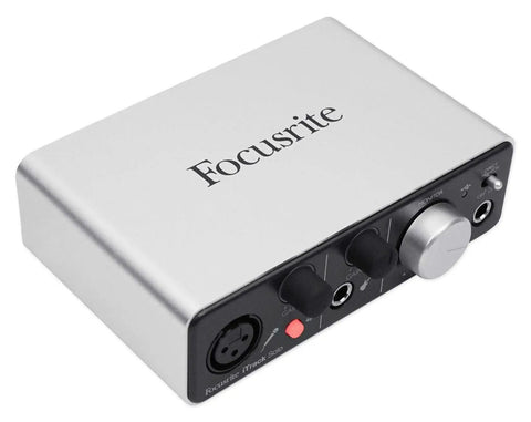 USB Audio Interface for Mac, PC, and iPad with XLR Mic Preamps, 48V Phantom Power, compact silver box with knobs and input ports