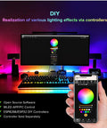 Desktop setup with Addressable RGB LED Strip With WS2811 IC in lit dream color, showing DIY lighting effects via phone control app.