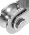 Close-up of a stainless steel door pulley wheel, built tough track roller for sliding gates, smooth operation and quiet performance.