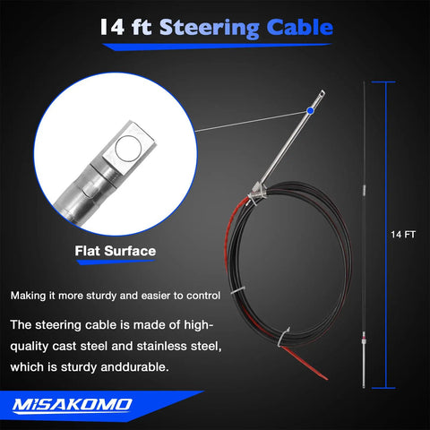 Image showing 14 ft boat steering control cable with flat surface, stainless steel build, and 14 ft markings.