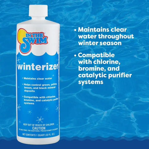 Pool Winterizing Kit For Above Ground And In Ground Pools All In One Chemistry Set Up To 15,000 Gallons bottle with water background