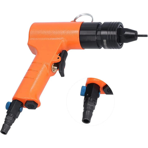 Hot Rod High-Speed Pneumatic Rivet Nut Gun Kit 1500 RPM Self-Locking Air Rivnut Tool for Bolting M3-M4 Fasteners on Cars and Shops with 1/4-Inch Air Hose orange and black side view